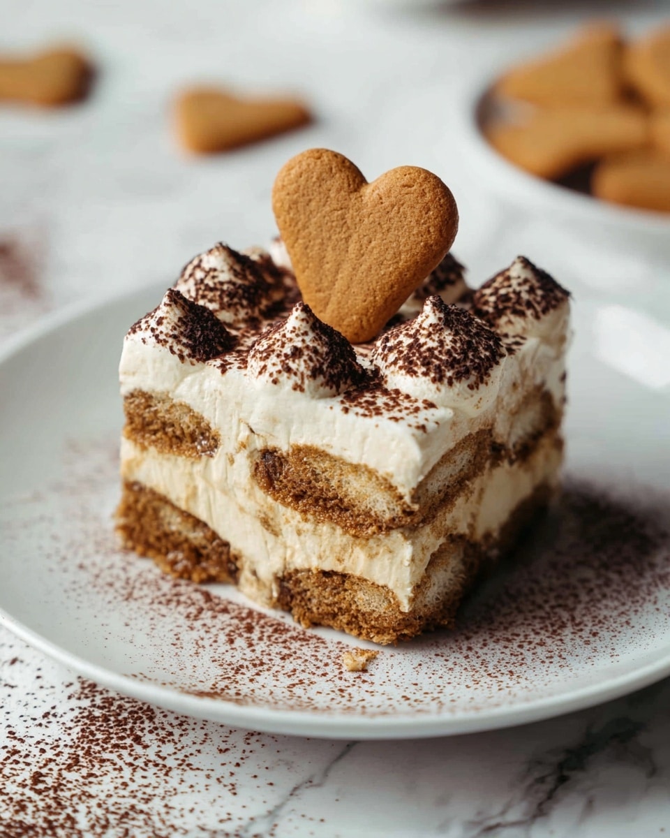 A square piece of dessert with three visible layers sits on a white plate. The bottom two layers are light brown and textured, looking like soaked cake or biscuit soaked in coffee. Between these layers are smooth creamy beige layers. The top layer is thick white cream, sprinkled with dark cocoa powder in dollops. A heart-shaped biscuit or cookie with a golden brown color and slightly rough surface is placed in the middle of the top layer. The plate is on a white marbled texture with some cocoa powder and a cookie in the foreground. Photo taken with an iphone --ar 4:5 --v 7