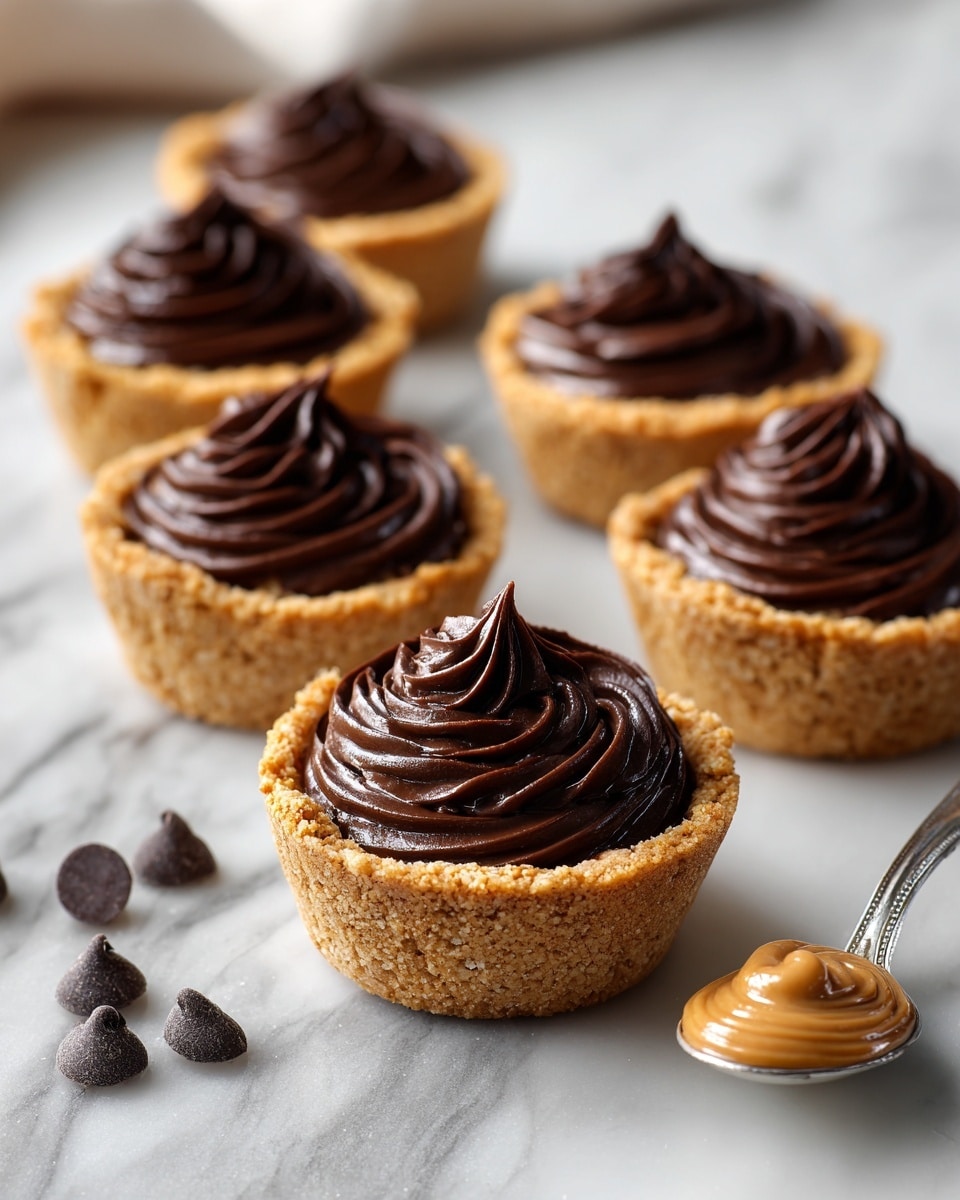 The image shows small tartlets with a thick, golden crust on the outside. Each tartlet is filled with a smooth, rich dark chocolate layer that has a shiny, creamy texture. One tartlet in the front center is partially eaten, showing the thick chocolate filling inside the crust. Around the tartlets, small dark chocolate chips are scattered on a white marbled surface. On the right side, a silver spoon holds creamy, light brown peanut butter. In the background, more tartlets sit on a white plate that partially appears. The whole scene is bright and softly focused, emphasizing the details of the chocolate and crust. photo taken with an iphone --ar 4:5 --v 7