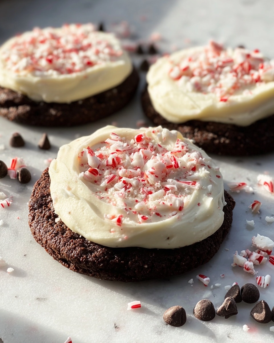 Three round chocolate cookies are placed on a white marbled surface, each topped with a thick, creamy layer of white frosting that has a soft, smooth texture. The frosting is evenly spread in a circular shape on top of the dark, slightly cracked cookie base. Small pieces of crushed red and white peppermint candy are sprinkled over the frosting, adding a festive touch. Around the cookies, there are scattered chocolate chips and more crushed peppermint bits, creating a festive and inviting presentation. The lighting is natural, casting soft shadows, highlighting the texture of the cookie and frosting. photo taken with an iphone --ar 4:5 --v 7
