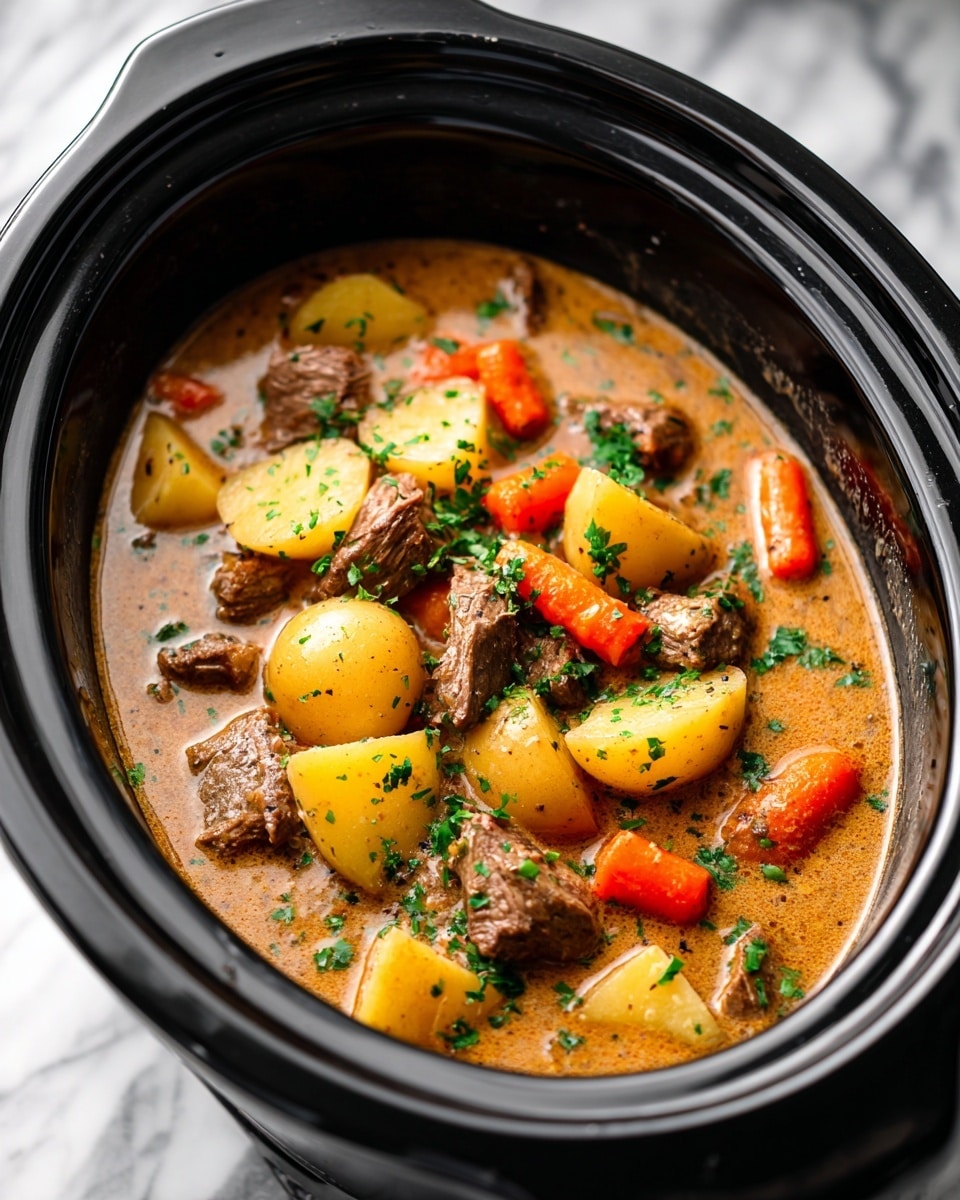 A close-up of a slow cooker filled with a thick stew showing three main layers: the base layer is a rich, light brown broth with a smooth and slightly creamy texture; scattered throughout are soft chunks of yellow potatoes and small, bright orange baby carrots providing a firm texture contrast; on top, pieces of dark brown cooked meat and small green parsley bits add color and texture variety. The slow cooker is black and the whole setup is resting on a white marbled surface. photo taken with an iphone --ar 4:5 --v 7