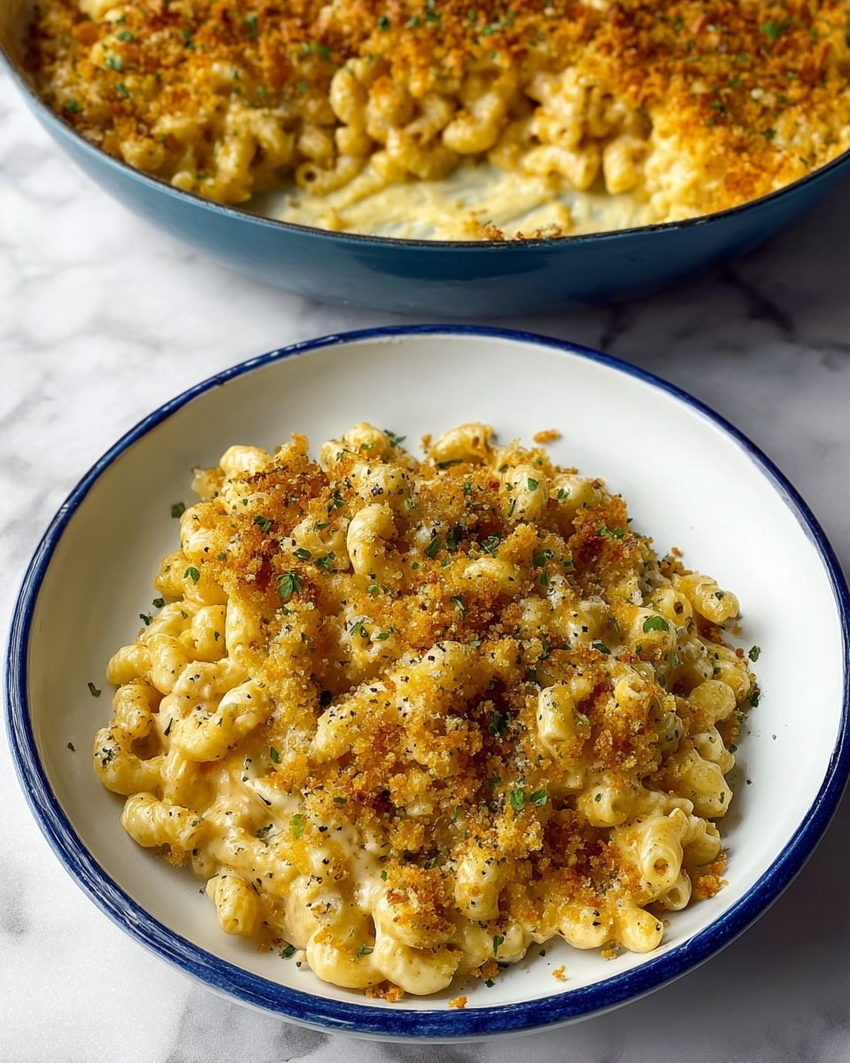 A white bowl with a blue rim holds a serving of macaroni and cheese, showing creamy, yellow pasta covered by a layer of golden brown crispy breadcrumbs sprinkled with some green parsley bits and black pepper, giving a textured look. The macaroni is curly and coated in a smooth, rich cheese sauce that fills the spaces between each pasta piece. Above the bowl, a large blue pan is filled with the same macaroni and cheese, visible with the same texture and colors of creamy cheese and browned breadcrumbs. Both dishes are placed on a white marbled surface, making the warm colors of the macaroni and cheese stand out. photo taken with an iphone --ar 4:5 --v 7