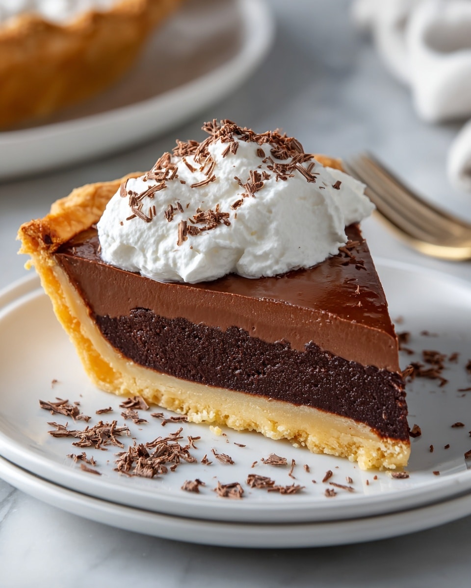 A slice of chocolate pie with three clear layers sits on a white plate on a white marbled surface; the bottom layer is a thin, golden-brown crust with a firm texture, the middle layer is a thick, dense dark chocolate filling with a slightly moist appearance, and the top layer is a lighter brown, smooth baked chocolate surface. On top of the slice, there is a dollop of white whipped cream with small chocolate shavings sprinkled over it and scattered around the plate. photo taken with an iphone --ar 4:5 --v 7