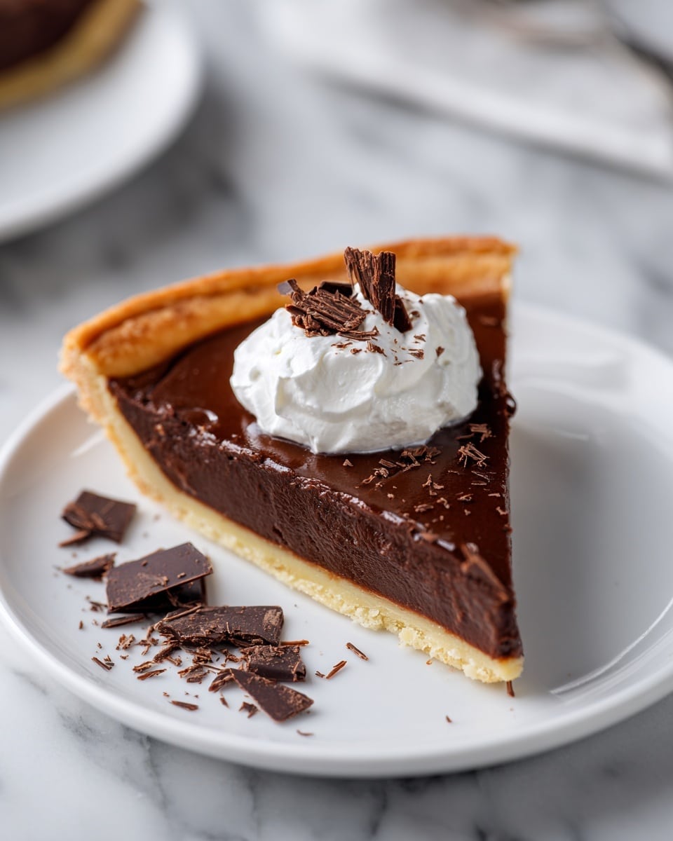 A single triangular slice of chocolate pie with a golden-brown crust sits on a white plate, resting on a white marbled surface. The pie has two layers: a thin, crisp crust on the bottom and a dense, smooth dark chocolate filling with a slightly cracked top. On the center of the pie slice is a small dollop of white whipped cream, topped with a few thin dark chocolate shavings. Around the plate are scattered pieces of dark chocolate shavings for decoration. photo taken with an iphone --ar 4:5 --v 7