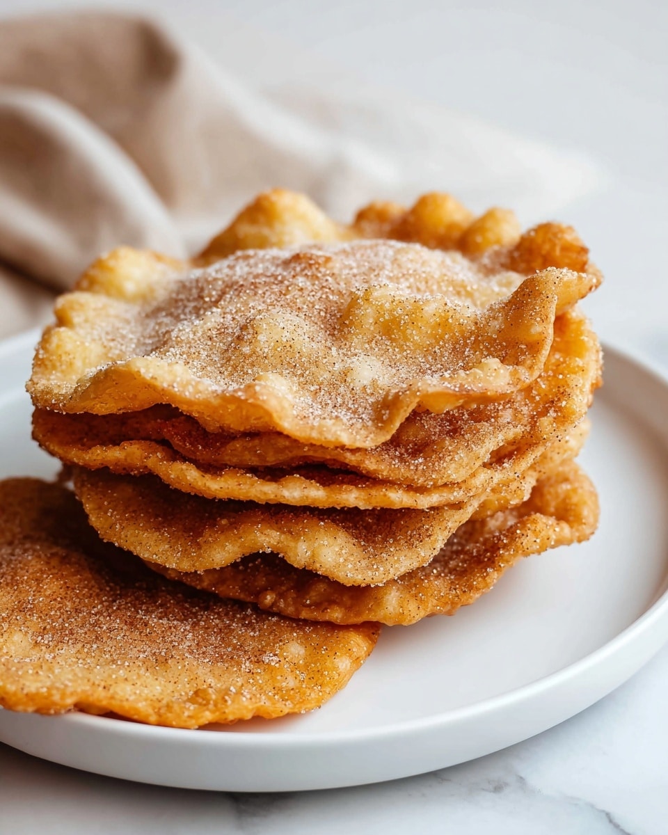 A stack of five golden brown, crispy fried flat pastries with uneven, wavy edges sits on a white plate. Each pastry is thin and has a slightly rough texture with small bubbles and crackles. A fine layer of granulated sugar and cinnamon lightly dusts the top surface of the pastries, adding a sparkling effect. One additional pastry lies flat on the white marbled surface next to the plate, showing a more even round shape and the same sugar coating. In the background, a soft beige cloth is softly blurred. Photo taken with an iphone --ar 4:5 --v 7