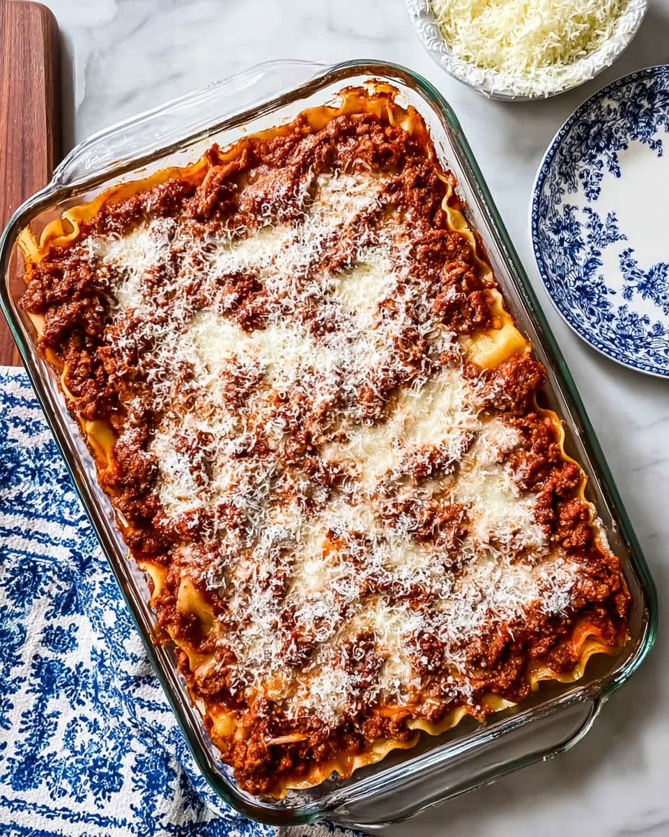 A rectangular glass baking dish filled with a cooked lasagna. The top layer is a deep red meat sauce spread evenly, sprinkled with a fine layer of grated white cheese. Underneath, the edges of wide, flat pasta sheets peek out, showing the layered structure of the dish. The dish is placed on a white marbled surface with a blue and white patterned cloth nearby. In the top right corner, part of a white plate with blue floral patterns contains a heap of grated cheese. Photo taken with an iphone --ar 4:5 --v 7