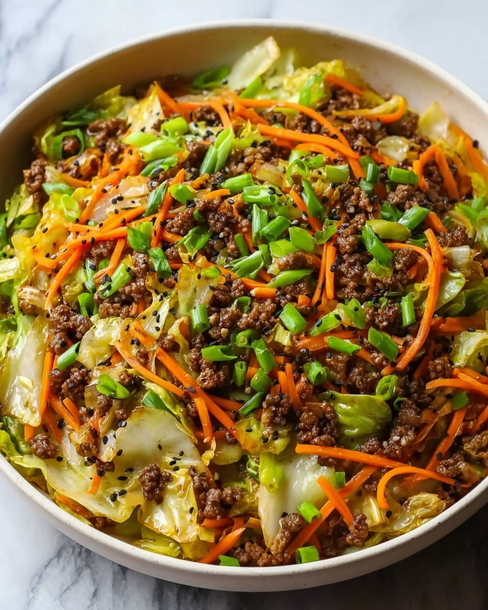 A large white bowl filled with a stir-fry mix showing three main layers: the bottom layer has lightly cooked green cabbage pieces with soft, shiny textures; the middle layer contains small, cooked ground meat bits in brown color spread evenly; the top layer is made of thin, bright orange carrot strips and fresh green chopped scallions sprinkled throughout. The dish looks saucy with a slight glaze and some black sesame seeds scattered on top, all placed on a white marbled surface. photo taken with an iphone --ar 4:5 --v 7