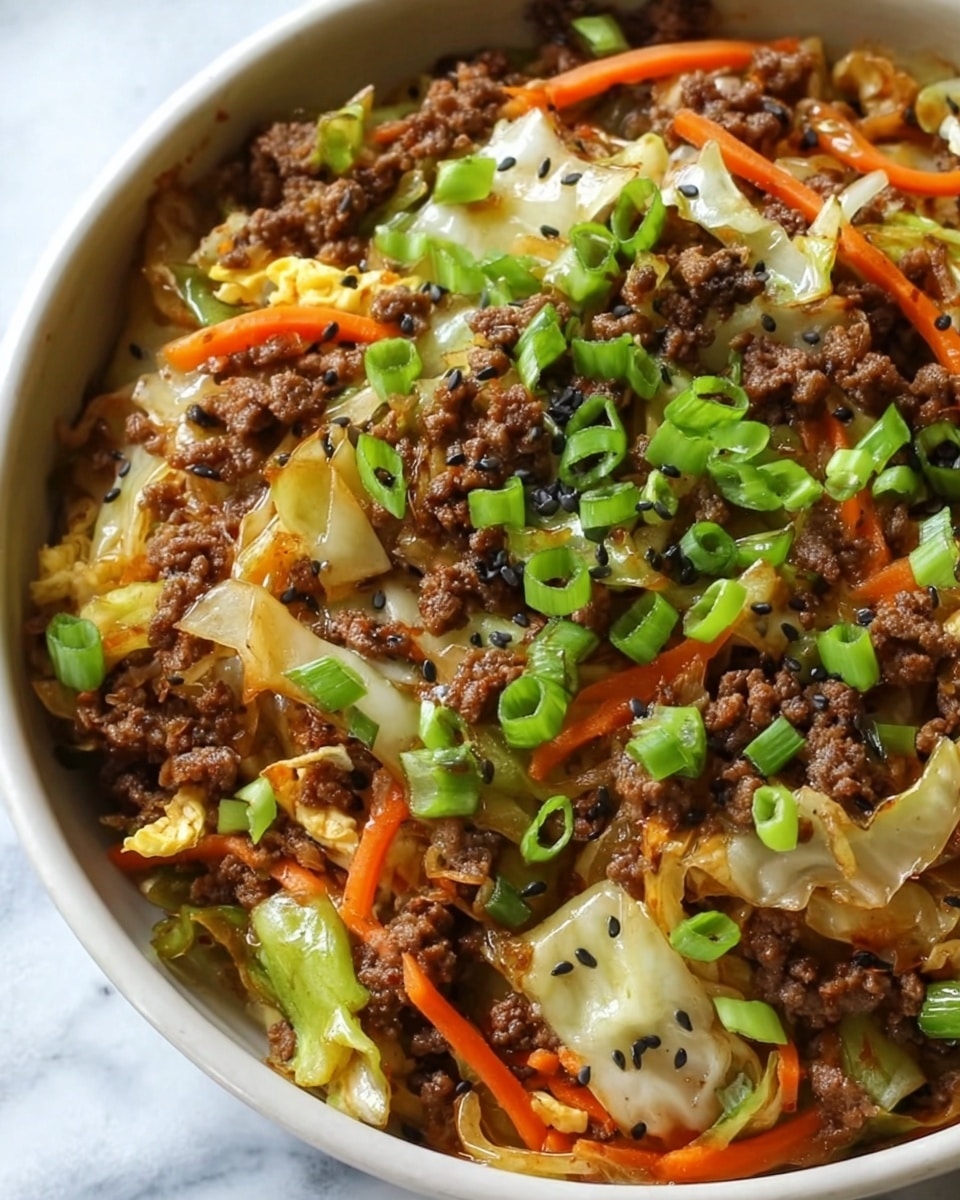 This close-up image shows a stir-fry dish in a white bowl filled with three main layers: at the base are cooked ground beef pieces in a rich brown color, mixed with small bits of cooked egg. The middle layer has soft, sautéed cabbage pieces with a pale green and slightly translucent texture, along with thin strips of bright orange carrots. The top layer is scattered with chopped fresh green onions and small black sesame seeds, adding pops of green and black. The dish sits on a white marbled surface. Photo taken with an iphone --ar 4:5 --v 7