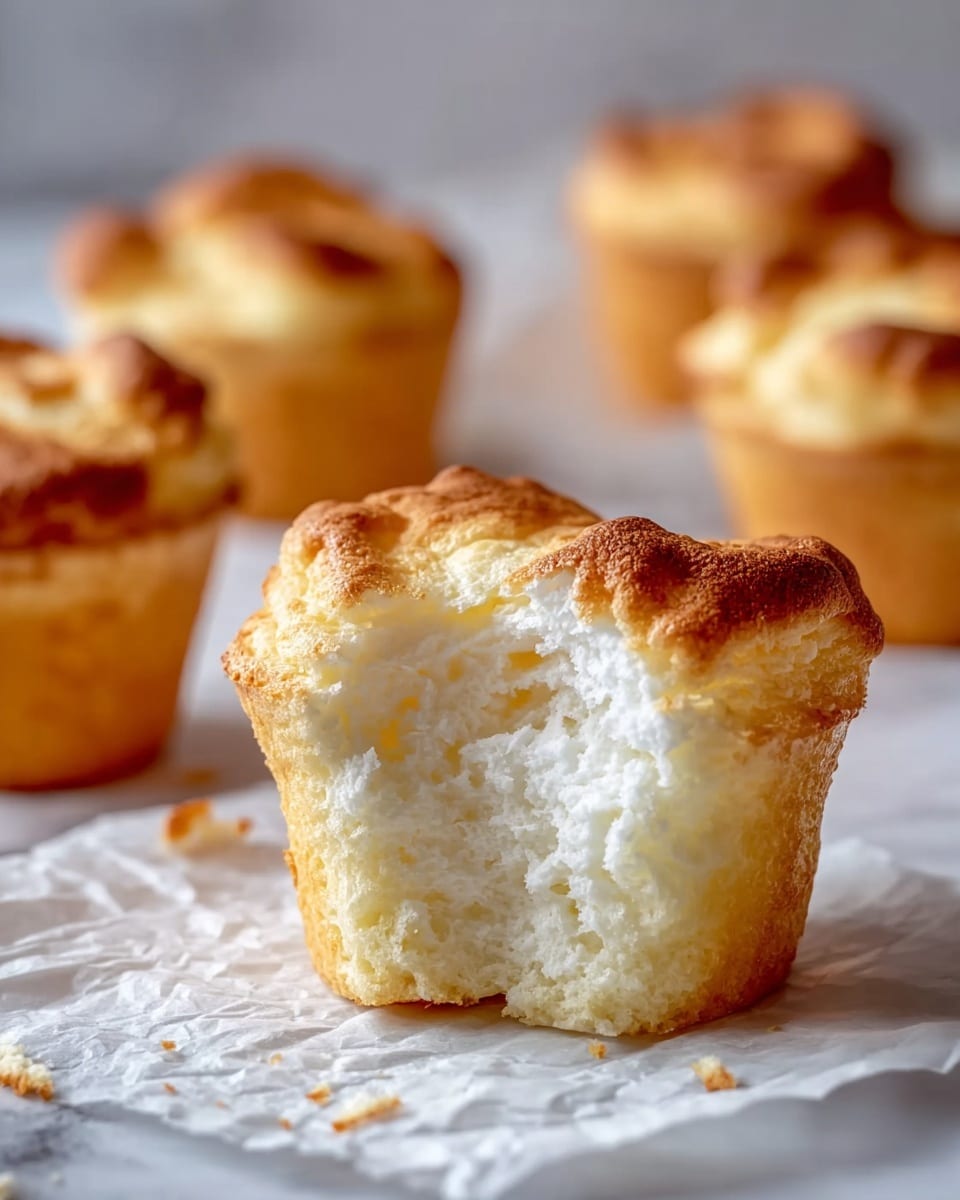 The image shows a close-up of a single golden-brown souffle cupcake with a fluffy, airy texture inside, which is white and soft with visible air pockets; the cupcake's top is slightly uneven and a bit browned, giving it a toasted look. In the blurred background, several similar souffle cupcakes appear, all with the same golden outer crust and white, fluffy tops. The cupcakes sit on a crinkled white parchment paper placed on a white marbled surface with some small crumbs scattered around. photo taken with an iphone --ar 4:5 --v 7