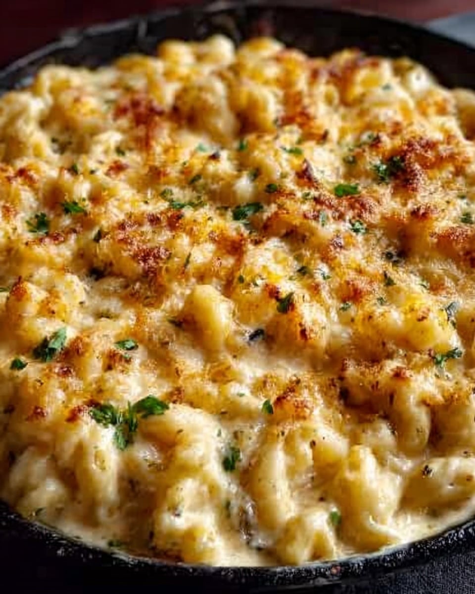 A close-up of a black skillet filled with creamy pasta made of tubular noodles covered in a thick, light yellow cheese sauce mixed with small pieces of golden-brown cooked meat and bits of fresh green herbs sprinkled on top. The sauce looks rich and smooth, with a slightly shiny surface. The dish has a cozy and cheesy appearance. The skillet sits on a white marbled texture background. photo taken with an iphone --ar 4:5 --v 7