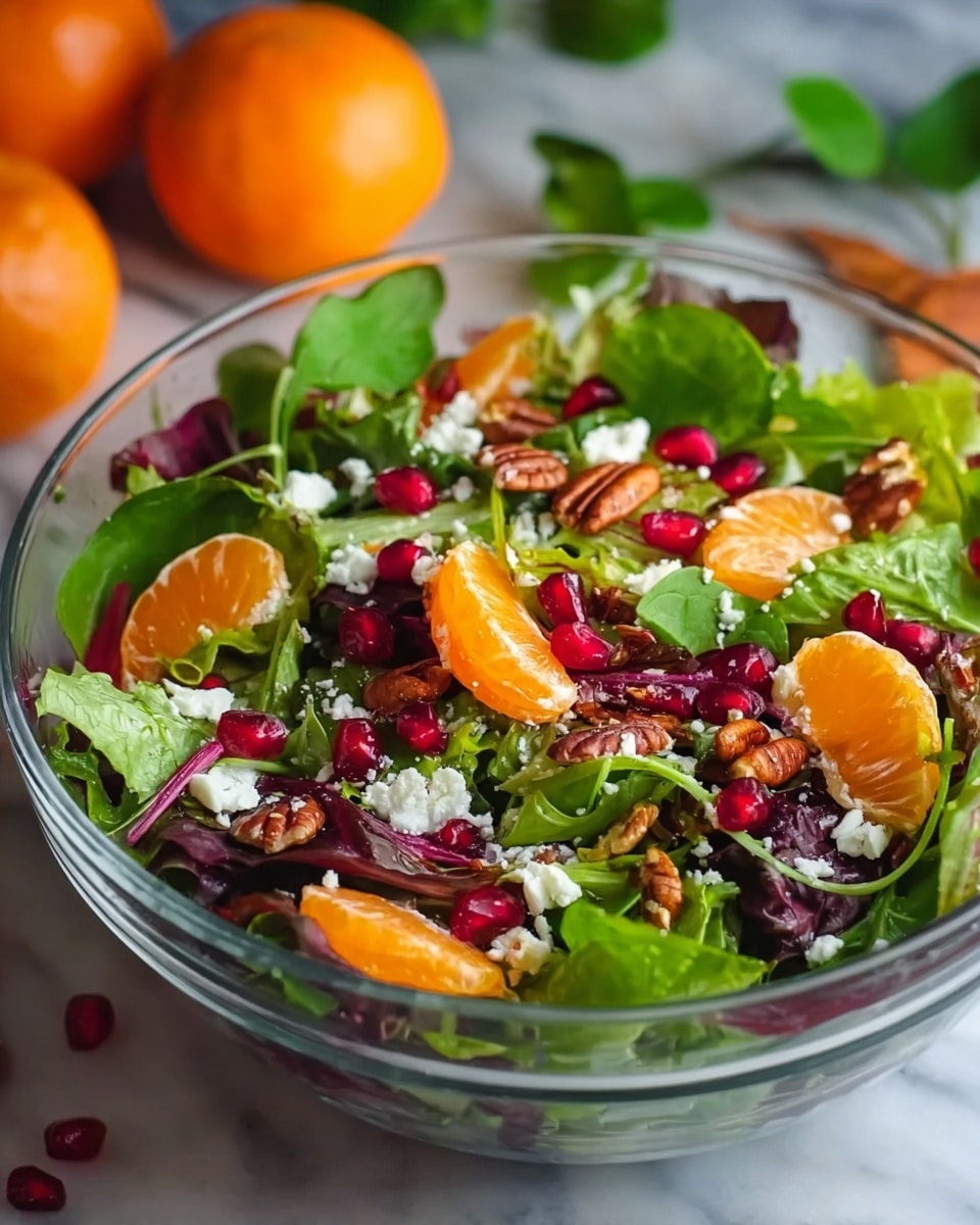 A clear glass bowl is filled with a fresh salad showing multiple layers: the base is a mix of green and purple leafy greens with smooth and slightly crinkled textures; scattered on top are bright orange, glossy mandarin orange segments; sprinkled throughout are small, shiny, deep red pomegranate seeds; crunchy brown pecan pieces add texture, and white crumbled cheese dots the salad in small uneven clusters. The bowl sits on a white marbled surface with a few whole mandarins and green leaves blurred in the background, creating a fresh and colorful look. photo taken with an iphone --ar 4:5 --v 7