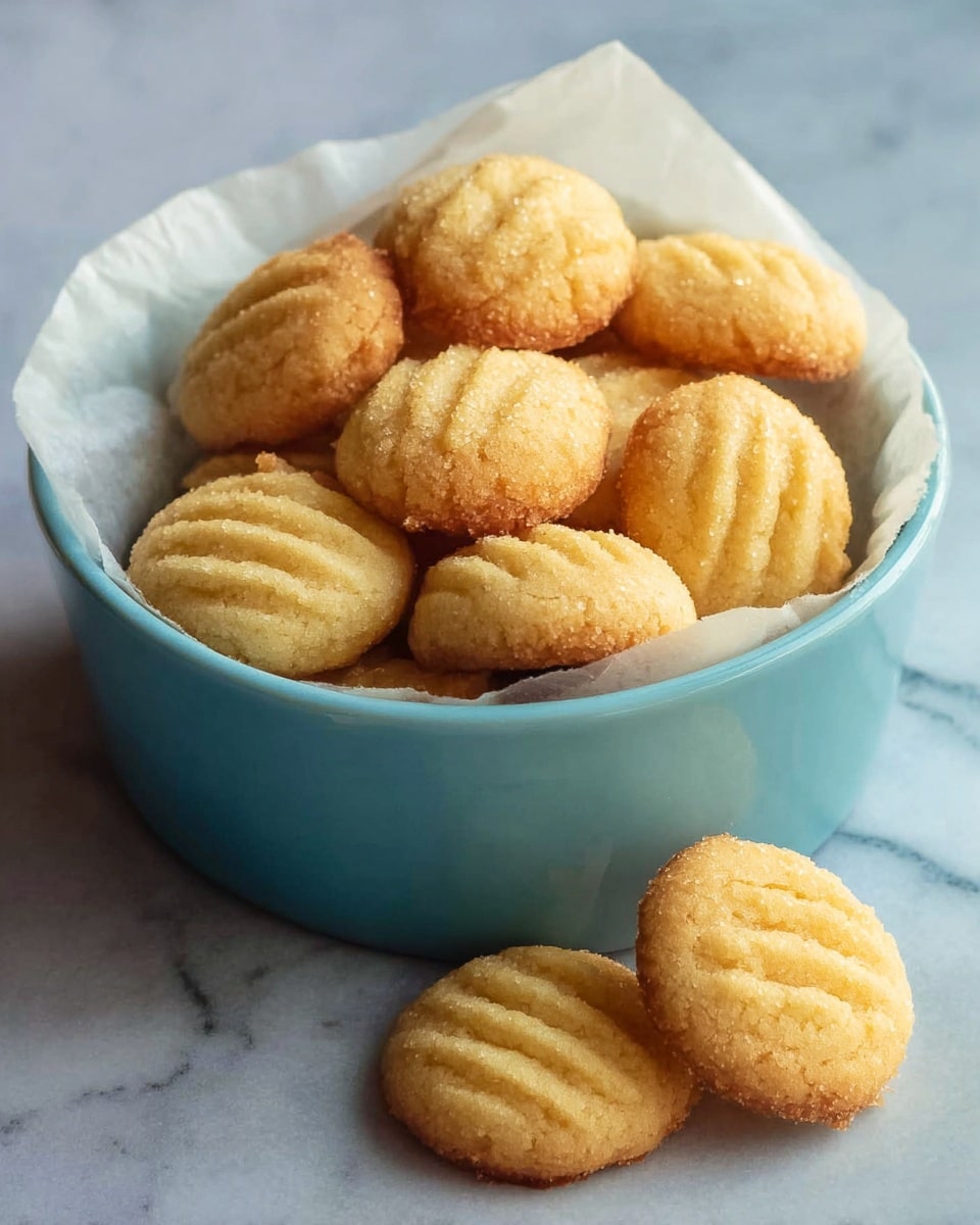 A round light blue bowl lined with white paper holds a pile of small golden cookies. Each cookie is round with three shallow grooves pressed across the top, giving a striped texture. The cookies look soft and crumbly with a slightly sandy surface. Three cookies rest outside the bowl on a white marbled surface, adding a casual look to the scene. Photo taken with an iphone --ar 4:5 --v 7