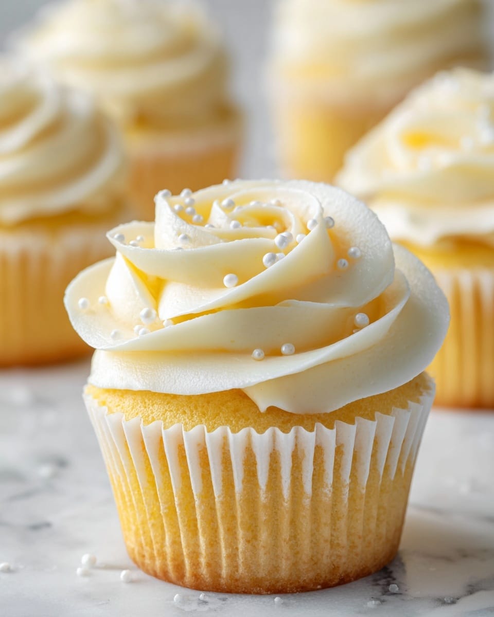 A close-up view of a vanilla cupcake with a golden yellow base wrapped in a white paper liner, topped with a large swirl of smooth, creamy white frosting in a rose pattern. The frosting is sprinkled with small white round sprinkles that add texture and detail. The cupcake stands on a white marbled surface with several more cupcakes blurred softly around it, each with a similar frosting style. photo taken with an iphone --ar 4:5 --v 7