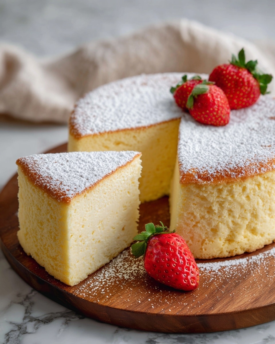 A fluffy, tall Japanese cheesecake with one slice cut out, showing its light and airy pale yellow inside with a soft texture; the cake's top is golden brown and dusted evenly with white powdered sugar, giving it a frosted look. Two bright red strawberries with visible seeds sit at the base of the cake on a wooden serving board. The background features a soft, white marbled surface. photo taken with an iphone --ar 4:5 --v 7