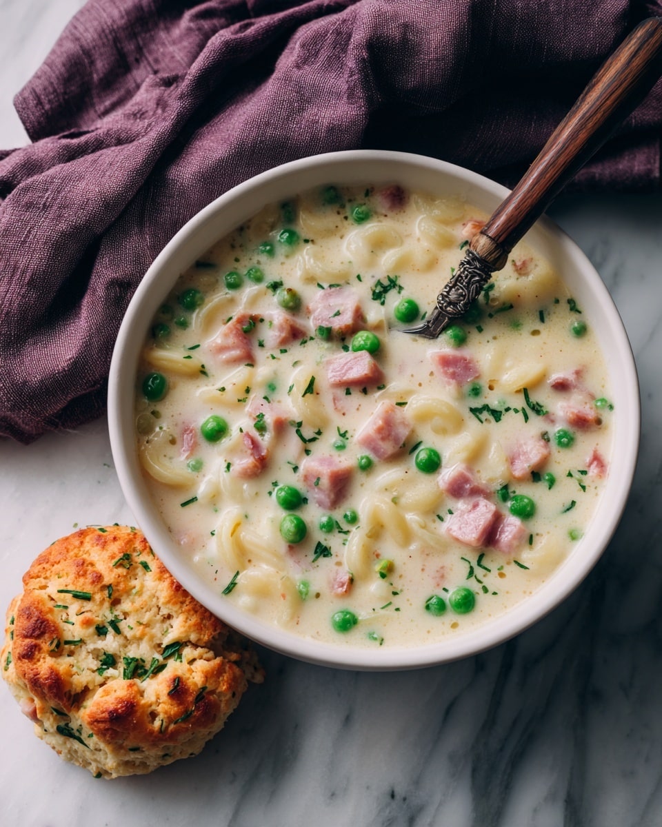 A white bowl filled with creamy soup containing small white macaroni, bright green peas, and chunks of pink ham, creating a mix of smooth and chunky textures. A rustic wooden spoon sticks out from the soup. Next to the bowl on a white marbled surface is a golden-brown biscuit with bits of green herbs sprinkled on top, showing a crumbly and soft texture inside. A dark purple cloth is softly draped in the background, adding a cozy feel. photo taken with an iphone --ar 4:5 --v 7