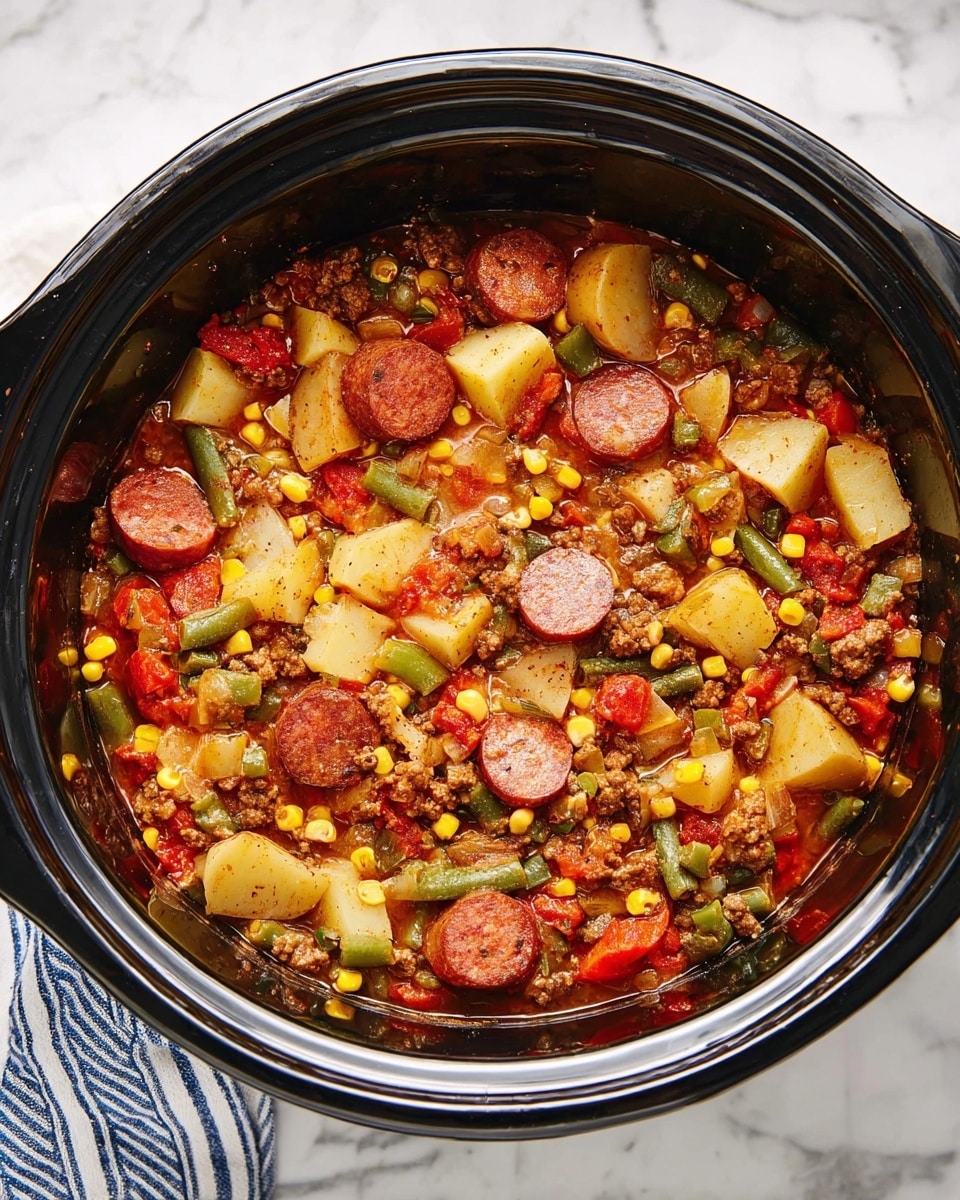 A white bowl filled with a colorful stew showing layers of thick broth with visible chunks of yellow corn, green peas, orange carrots, light brown potatoes, and reddish slices of sausage on top and mixed throughout. The stew has a slightly shiny texture with bits of herbs sprinkled for garnish. A silver spoon lifts a portion that highlights a slice of sausage and vegetables. The bowl sits on a white marbled surface with a blue and white striped cloth nearby, and blurred containers are in the background. photo taken with an iphone --ar 4:5 --v 7