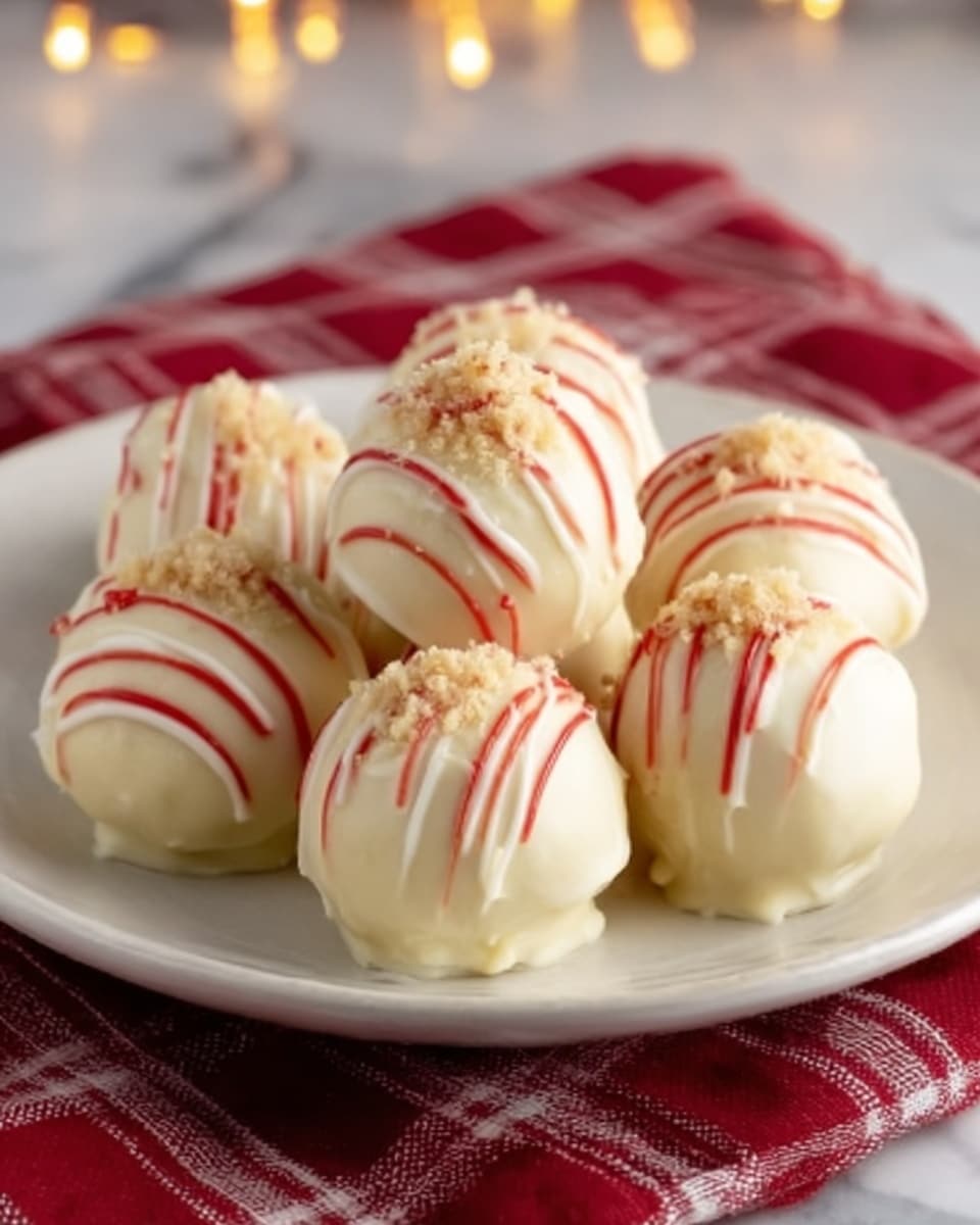 A white plate holds seven round cake balls arranged in a circle with one on top in the center. Each cake ball is smooth and pale cream color, covered in white chocolate with thin red drizzle on top. The center ball has a small light brown crumbly topping. The plate sits on a red and white checkered cloth on a white marbled surface, with blurry warm lights in the background. Photo taken with an iphone --ar 4:5 --v 7