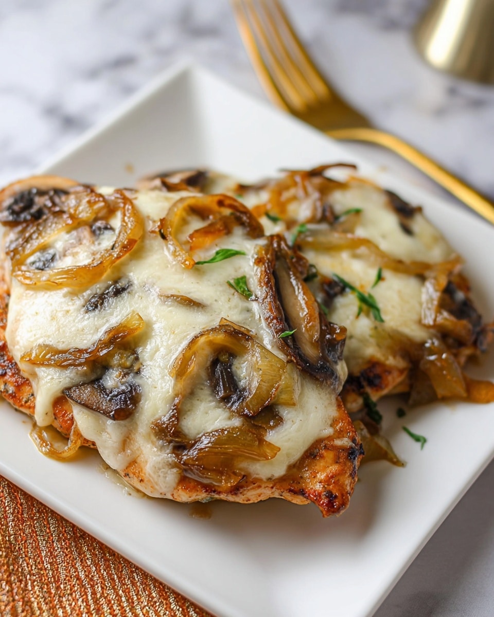 Two pieces of grilled chicken breast topped with a thick layer of melted cheese, cooked golden brown, with visible slices of sautéed mushrooms and caramelized onions mixed in. The dish is served on a square white plate placed on a white marbled textured surface, with a golden fork visible in the background. The cheese is creamy and bubbly, covering the meat and toppings unevenly, showing textures from soft melted parts to browned crispy spots. photo taken with an iphone --ar 4:5 --v 7
