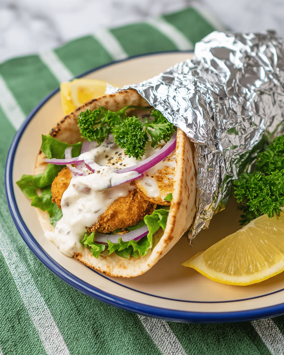 A pita wrap partially covered with shiny aluminum foil sits on a white plate with a blue rim. The pita bread is light brown and soft, holding layers inside that include fresh green lettuce at the bottom, thin rings of purple onion, and a crispy golden-brown breaded piece of fried chicken. On top of the chicken is a thick white sauce with specks of seasoning, flowing down slightly. To the right side of the plate, there is a slice of yellow lemon and some green parsley. The plate rests on a green and white striped cloth, all set against a white marbled textured surface. Photo taken with an iphone --ar 4:5 --v 7