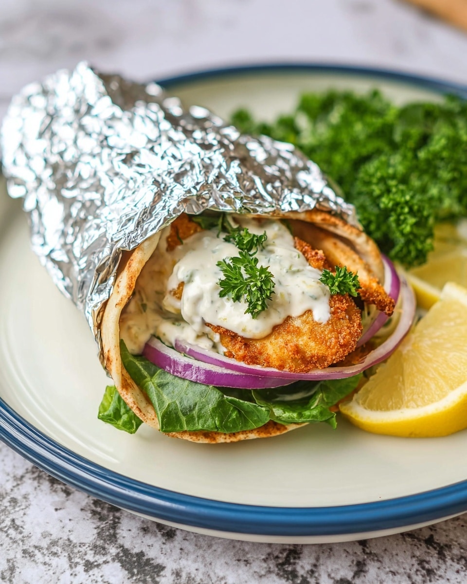 A wrap is placed on a white plate with a blue rim, sitting on a white marbled texture. The wrap is partially wrapped in shiny aluminum foil. The bottom layer shows fresh green lettuce and slices of purple onion. Above that, there is a golden brown, crispy fried piece, likely chicken. Creamy white sauce with a thick texture is generously spread over the fried piece. A lemon wedge and some green parsley are placed on the side of the plate. The overall look is fresh and inviting. photo taken with an iphone --ar 4:5 --v 7