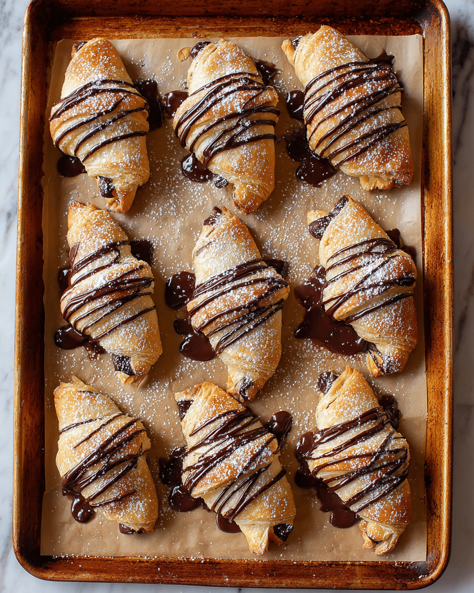 The image shows eight golden brown croissants arranged in two vertical rows of four on a baking sheet lined with parchment paper. Each croissant is generously drizzled with dark, glossy chocolate sauce in a zigzag pattern and lightly dusted with white powdered sugar, creating a contrast on the warm pastry surface. The croissants have visible flaky layers with some melted chocolate peeking out from the ends. The baking sheet rests on a white marbled surface. photo taken with an iphone --ar 4:5 --v 7