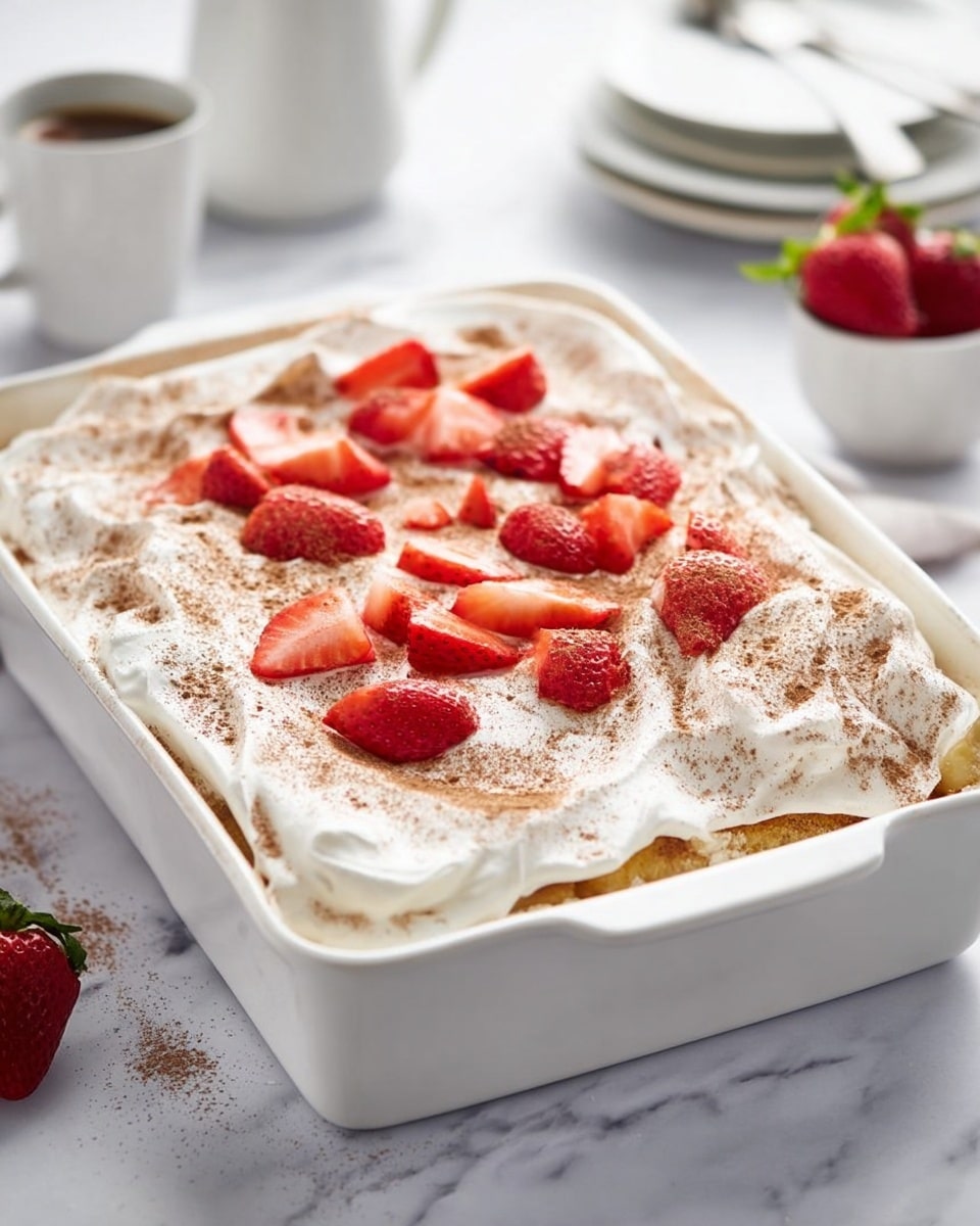 A white rectangular baking dish holds a dessert with three main layers visible from the side: a base layer of golden cake, a thick middle layer covered by fluffy white whipped cream topped generously with light brown cinnamon powder, and a final layer of fresh halved strawberries scattered mostly in the center. The whipped cream layer has a soft and airy texture with gentle peaks, creating a slightly uneven surface. The dish sits on a white marbled surface, accompanied by white cups, plates, and a white pitcher blurred in the background, adding a clean, bright atmosphere. photo taken with an iphone --ar 4:5 --v 7
