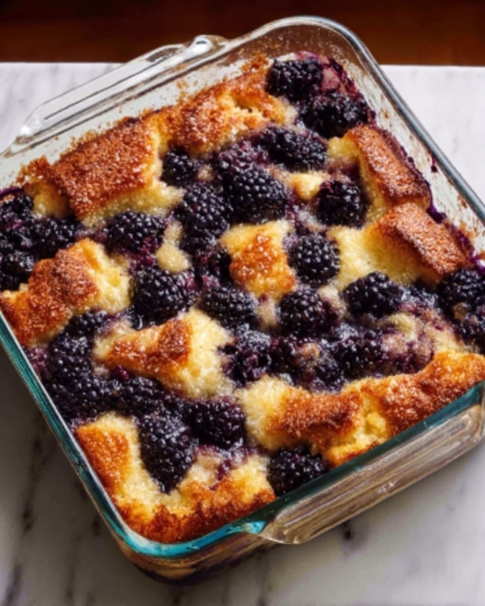 A square glass baking dish holds a golden brown baked dessert with a crumbly top. On the surface, shiny, dark purple blackberries are scattered evenly, some slightly sunken into the soft, golden batter below. The edges of the dessert are slightly darker and crispier, contrasting with the gooey, fruit-filled center. The glass dish rests on a white marbled surface. photo taken with an iphone --ar 4:5 --v 7