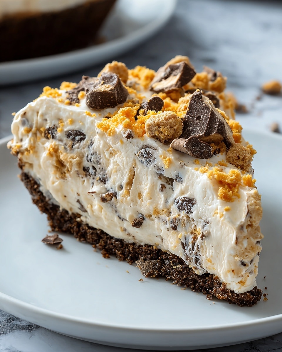 This image shows a creamy layered pie in a silver foil pie tin topped with crushed chocolate and cookie pieces. The bottom layer is a dark crumbly crust, filled with a thick, fluffy beige cream filling that has small dark specks in it. The top of the cream layer is covered with scattered chunks and crumbs of chocolate and cookie bits, adding a crunchy texture. In the background, there are five yellow candy bars slightly out of focus. The pie is resting on a folded gray cloth on a white marbled surface. Photo taken with an iphone --ar 4:5 --v 7