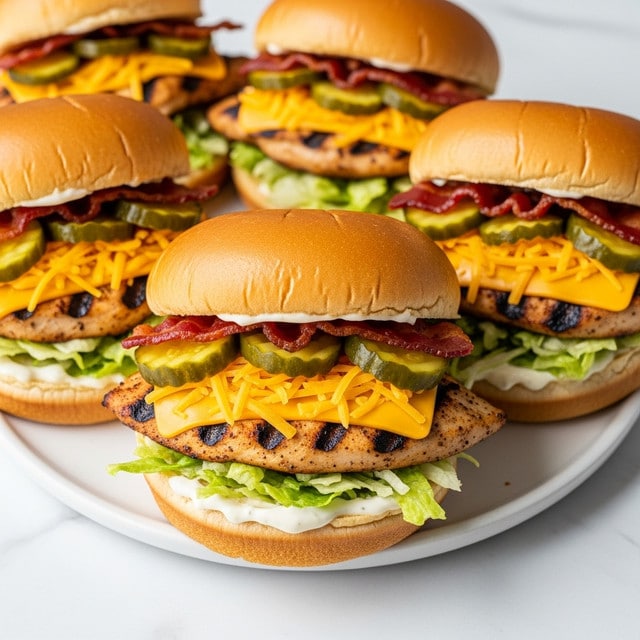 The image shows five grilled chicken sandwiches arranged close together on a white plate, which sits on a white marbled surface. Each sandwich has a soft, light brown bun filled with layers starting from a base of light green shredded lettuce, topped with creamy white sauce. On top of the sauce, there are pieces of grilled chicken with browned grill marks, followed by bright yellow shredded cheddar cheese. The sandwiches are finished with dark red crispy bacon bits and several slices of green pickles layered in the middle. The whole scene has warm natural lighting and a shallow depth of field, creating a fresh and appetizing look. photo taken with an iphone --ar 4:5 --v 7