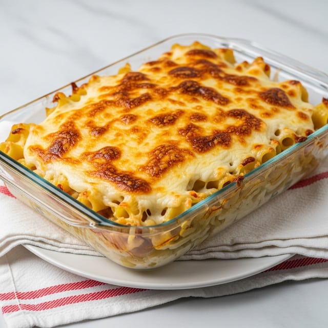 The image shows a baked pasta dish in a clear glass rectangular dish. The pasta is layered thickly, covered with a creamy white sauce and melted cheese that is golden brown and slightly crispy on top, with some darker caramelized spots. The pasta underneath looks soft and coated in the sauce, with some noodles visible at the edges. The dish sits on a white plate with a red-striped white cloth underneath, all placed on a white marbled surface. photo taken with an iphone --ar 4:5 --v 7