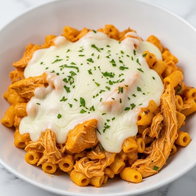 The image shows a close-up of a creamy pasta dish served in a white bowl. The dish has a base layer of short pasta coated in a thick, orange-colored sauce, mixed evenly with shredded chicken pieces that are pale and tender. On top, there is a melted layer of white cheese that adds a smooth, stretchy texture. Scattered green chopped herbs are sprinkled over the cheese, adding a fresh contrast to the rich dish. The background is a white marbled texture. photo taken with an iphone --ar 4:5 --v 7