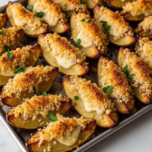 The image shows eight baked potato wedges arranged closely in a white baking tray. Each wedge has a thick brown skin layer with a soft pale yellow interior. On top of the potato's inside surface, there is a golden-brown crunchy layer made of seasoned breadcrumbs and melted cheese, giving a textured, slightly uneven look with some browned spots. Small green parsley leaves are scattered on top of the wedges as garnish, adding a fresh color contrast. The background is a white marbled texture, and a white cloth is partially visible on the side. Photo taken with an iphone --ar 4:5 --v 7