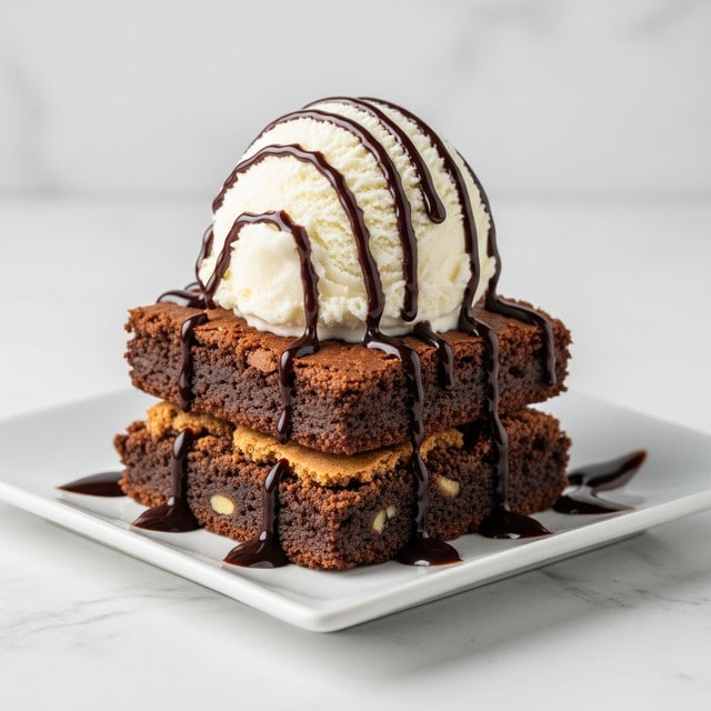 A dessert with three layers sits on a white square plate placed on a white marbled texture. The bottom layer is a thick, dark brown chocolate brownie with a rough, crumbly texture and visible small pieces of nuts inside. On top of the brownie is a large scoop of smooth, white vanilla ice cream. The ice cream is decorated with thin streams of shiny dark chocolate syrup that drips slightly down the sides onto the brownie and plate. The whole dessert looks rich and moist. photo taken with an iphone --ar 4:5 --v 7