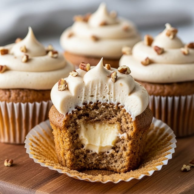 A close-up image of a cupcake with three main layers: the bottom layer is a light brown, moist cake with a soft and slightly crumbly texture, the middle layer is creamy vanilla filling inside the cupcake, and the top layer is smooth, creamy off-white frosting swirled thickly above the cake. The frosting is topped with chopped pecan nuts that add a crunchy texture and a dark brown color contrast. Several similar cupcakes can be seen blurred in the background on a white marbled surface. photo taken with an iphone --ar 4:5 --v 7