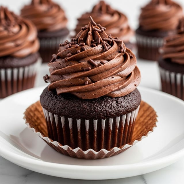 A close-up view of a rich chocolate cupcake with three layers: the bottom dark brown, moist cake layer wrapped in a slightly torn brown paper liner, the middle layer is thick, dark chocolate frosting swirled smoothly in a spiral, topped with small dark chocolate sprinkles scattered unevenly over the frosting. The cupcake sits on a white plate, which is placed on a white marbled surface. In the background, several similar cupcakes blur softly. photo taken with an iphone --ar 4:5 --v 7