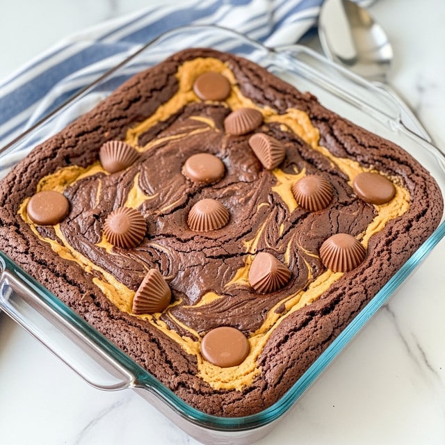 A square clear glass baking dish filled with a rich, dark chocolate brownie that has a rough, slightly cracked top layer showing textured swirls of lighter brown peanut butter mixed in. On top, there are several scattered shiny milk chocolate pieces in round and cup shapes, giving a slightly glossy look. The baking dish sits on a white marbled surface with a blue and white striped cloth and a large silver spoon in the background. The brownie appears thick and soft with a dense texture. photo taken with an iphone --ar 4:5 --v 7