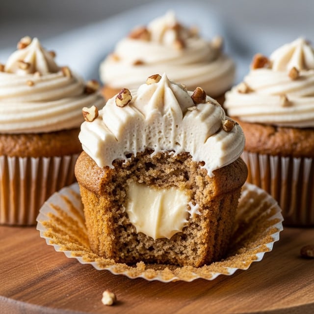 The image shows three moist cupcakes with a golden-brown base, each wrapped in light brown paper liners. The top is covered with a thick, creamy swirl of pale beige frosting sprinkled with small pieces of pecans. One cupcake in the front has a bite taken out, revealing a smooth, light cream filling in the middle of the crumbly cake. The cupcakes are sitting on a wooden board with a soft-focus background. photo taken with an iphone --ar 4:5 --v 7