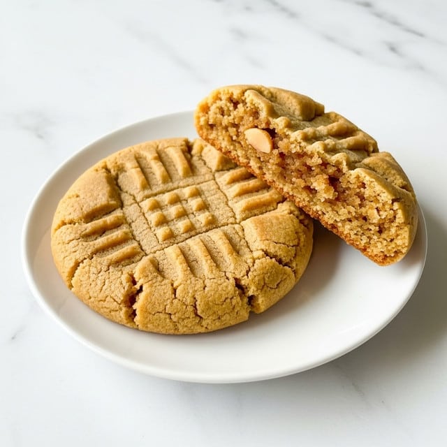 The image shows two soft peanut butter cookies on a small white plate placed on a white marbled surface. One cookie is whole with a crisscross pattern pressed on top, showing a golden-brown color and slightly crumbly texture. The other cookie is broken in half and leaning against the whole cookie, revealing a dense, moist, and chewy inside that is slightly lighter in color than the outside. The overall look is warm and homemade. photo taken with an iphone --ar 4:5 --v 7