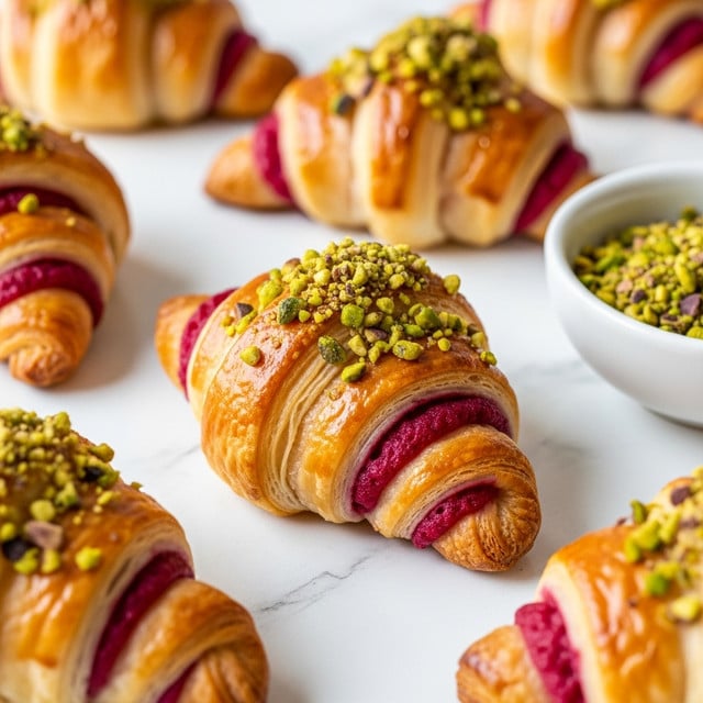 The image shows several small crescent-shaped pastries on a white marbled surface, each with golden, flaky layers dusted lightly with powdered sugar. One pastry is cut open and placed on top, revealing multiple layers of light, flaky dough alternating with a deep reddish-purple filling inside. The exposed pastry has a topping of chopped green pistachios on one edge, adding texture and color contrast. The pastries have a rich, warm color with visible sugar crystals and soft, delicate folds. photo taken with an iphone --ar 4:5 --v 7