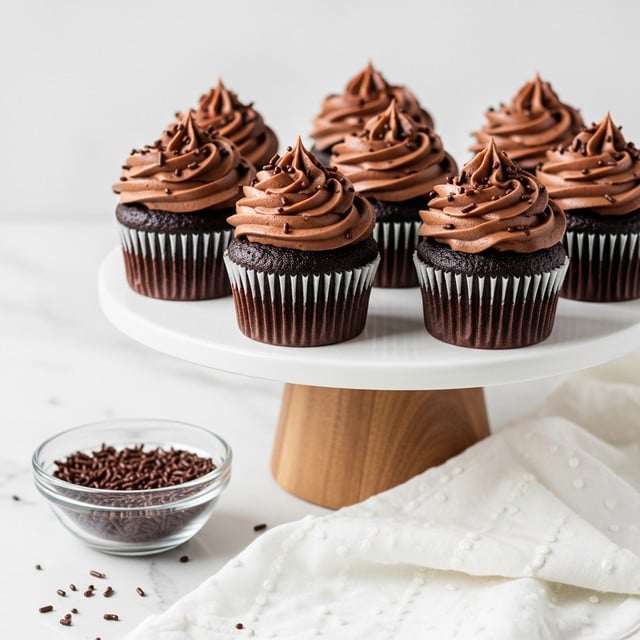 The image shows several chocolate cupcakes arranged on a white cake stand with a wooden base. Each cupcake has a dark chocolate base with a single swirl layer of rich, creamy chocolate frosting on top. The frosting is smooth with pointed swirls and sprinkled with small chocolate sprinkles. Below the cake stand, there is a white cloth with a subtle dotted pattern, and a small clear glass bowl filled with chocolate sprinkles is placed in the background on the white marbled surface. The overall tone is warm and inviting, with the cupcakes as the focus. photo taken with an iphone --ar 4:5 --v 7