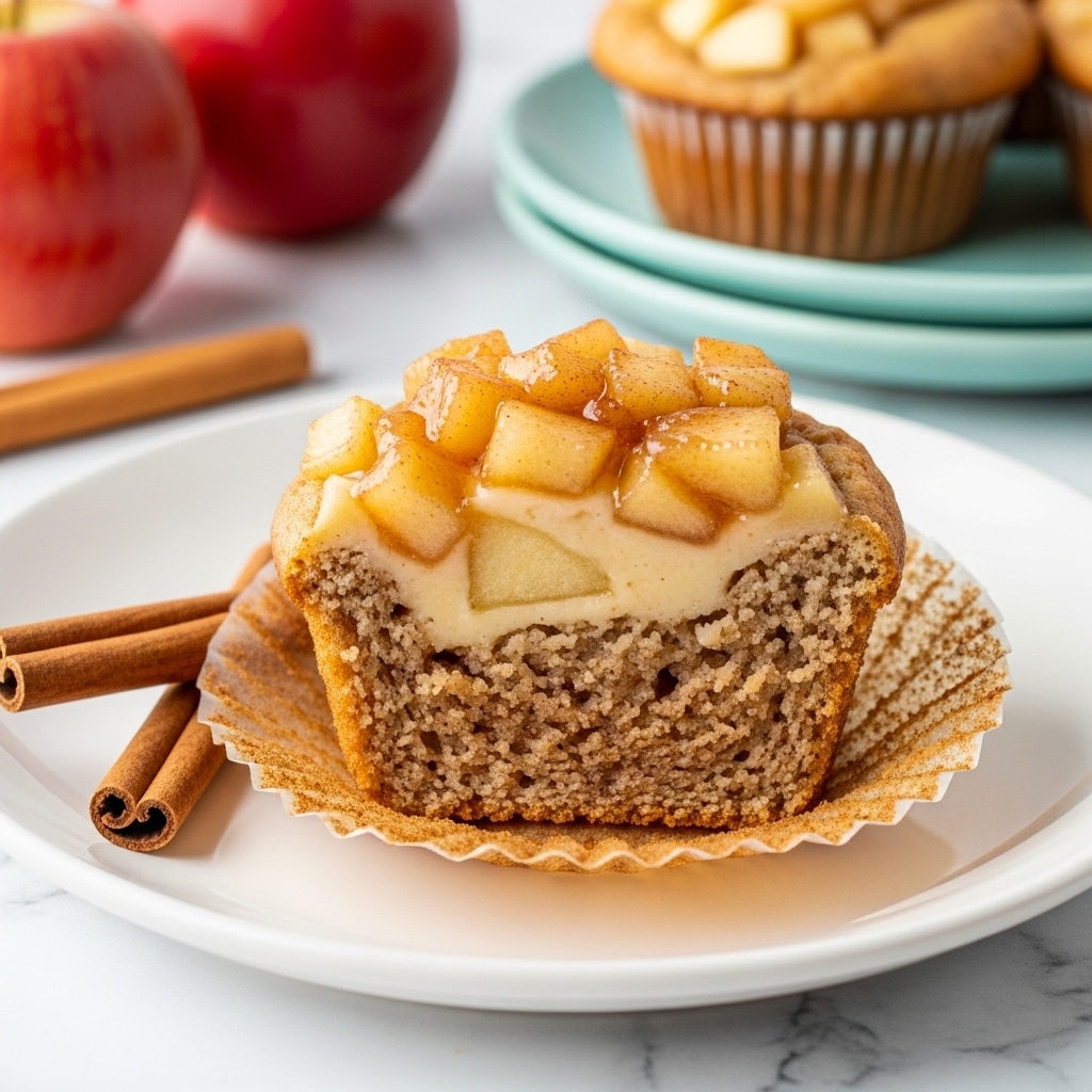 A close-up view of a sliced cinnamon apple muffin sitting on a white plate with a light turquoise inside, showing two clear layers: a bottom soft, crumbly muffin layer with cinnamon specks and a thick, glossy top layer full of translucent, chunky cooked apple pieces in syrup. To the left of the muffin are two cinnamon sticks resting on the plate. In the blurred background on a white marbled surface, there are red apples and another muffin piece on a matching white plate with turquoise inside. photo taken with an iphone --ar 4:5 --v 7