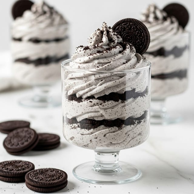 The image shows a glass dessert cup filled with three swirled layers of light grey cream mixed with small dark cookie crumbs, creating a speckled texture. The cream is thick and fluffy, topped with a sprinkle of fine dark cookie crumbs and a whole dark chocolate sandwich cookie placed upright at the back edge. The clear glass cup stands on a short stem, set on a white marbled surface scattered with several whole dark chocolate sandwich cookies in the foreground. Another similar dessert cup is blurred in the background. photo taken with an iphone --ar 4:5 --v 7