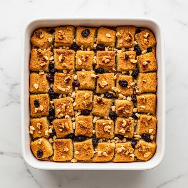 The image shows a white rectangular baking dish filled with a bread pudding. The pudding consists of multiple small cubes of golden brown bread spread evenly in one layer. Mixed throughout are chopped nuts, which add texture and a slight crunch, and scattered raisins that bring dark spots of color. The bread cubes each have a slightly toasted look with some edges darker than others, indicating a crisp top layer. The dish sits on a white marbled surface that adds a clean, fresh backdrop. photo taken with an iphone --ar 4:5 --v 7