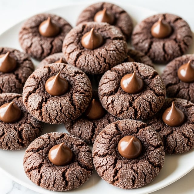 A white plate holds a close grouping of round chocolate cookies, each one deep brown with a slightly cracked, sugar-coated texture. On top of every cookie sits a single, smooth, shiny chocolate drop placed in the center, standing upright like a small peak. The cookies slightly overlap each other, showing their thick, soft edges, with a white marbled surface underneath. Photo taken with an iphone --ar 4:5 --v 7