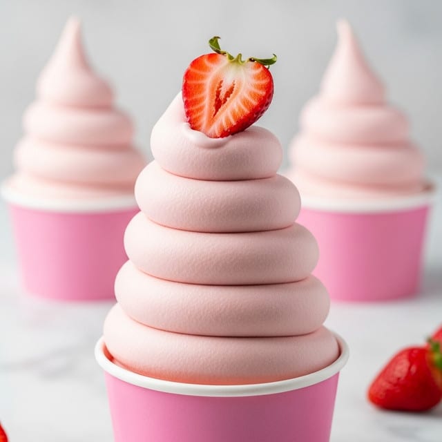A tall swirl of light pink soft serve ice cream with smooth, creamy texture fills a pink cup, forming about seven visible curved layers that gradually get smaller toward the top. The ice cream is topped with a bright red halved strawberry. In the blurred background, two more similar servings in pink cups can be seen. All are placed on a surface replaced with white marbled texture. photo taken with an iphone --ar 4:5 --v 7