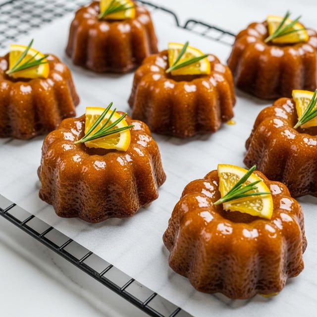 The image shows six small, round cakes with scalloped edges, each coated in a shiny, golden-brown glaze that makes the surface look sticky and textured. On top of each cake is a thin slice of bright yellow-orange citrus, likely an orange or lemon, and a small sprig of green rosemary placed on the citrus slice. The cakes are arranged on a black wire rack lined with white parchment paper, all set on a white marbled surface. The lighting highlights the glaze’s glossy finish and gives a warm, inviting feel to the scene. photo taken with an iphone --ar 4:5 --v 7