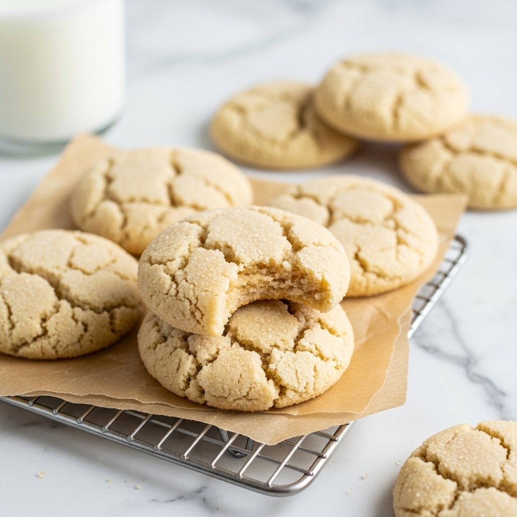 The image shows several light golden sugar cookies with a cracked surface texture arranged on a white marbled background. One cookie in the center has a bite taken out, exposing its soft, crumbly interior. The cookies are round and slightly raised, with sugar crystals visible on their surface, giving them a slightly sparkling look. They are spaced apart casually with no plate or bowl visible. photo taken with an iphone --ar 4:5 --v 7