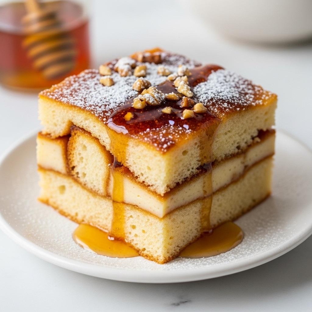A square piece of bread pudding sits on a small white plate, showing three visible layers: the base is a light tan sponge soaked in syrup, the middle reveals soft bread pieces in a creamy custard, and the top is golden brown with a shiny caramelized texture covered by a drizzle of amber syrup and sprinkled with white powdered sugar and chopped nuts. The plate rests on a white marbled surface with a blurred jar of honey in the background. Photo taken with an iphone --ar 4:5 --v 7