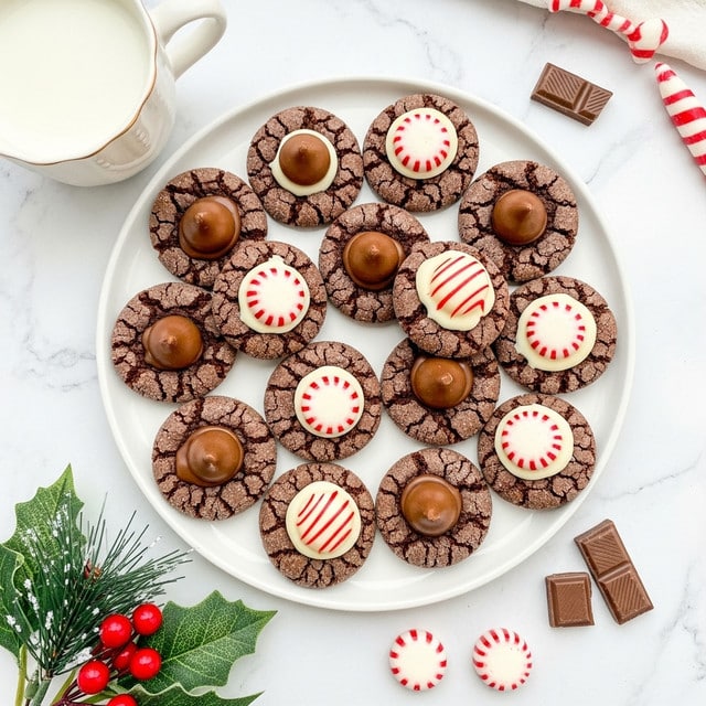 A white plate holds about fourteen round chocolate cookies, each topped with either a smooth milk chocolate kiss or a white chocolate peppermint with red stripes. The cookies have a textured, cracked surface and a sugar-dusted appearance with a dark brown color. Around the plate, there is a white marbled surface with a holiday decoration of green leaves and red berries in the bottom left corner, a cut peppermint candy, and pieces of chocolate. A cup of milk with a scalloped edge is visible in the upper left corner. The overall scene has a clean, bright look with a festive touch. photo taken with an iphone --ar 4:5 --v 7