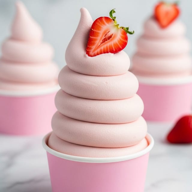 A close-up view of a soft serve dessert in a white plastic cup showing five smooth, pink swirled layers stacked evenly, topped with a shiny red strawberry half. The texture is creamy and swirled with gentle ridges. In the blurred background, two more cups with the same pink soft serve and strawberry top can be seen, all placed on a white marbled surface. photo taken with an iphone --ar 4:5 --v 7