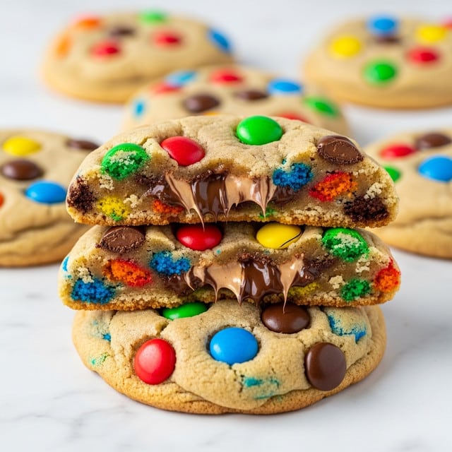 The image shows several soft and thick cookies filled with melted chocolate chips and colorful candy pieces in red, green, yellow, blue, and orange. One cookie is broken in half on top of another, revealing a gooey, chewy inside with visible chocolate and candy layers mixed in the beige dough. The cookies lie on a white marbled surface, with the background softly blurred to focus on the front cookies. The texture of the cookie dough looks soft and slightly crisp on the edges, with glossy chocolate chips melting in spots. Photo taken with an iphone --ar 4:5 --v 7